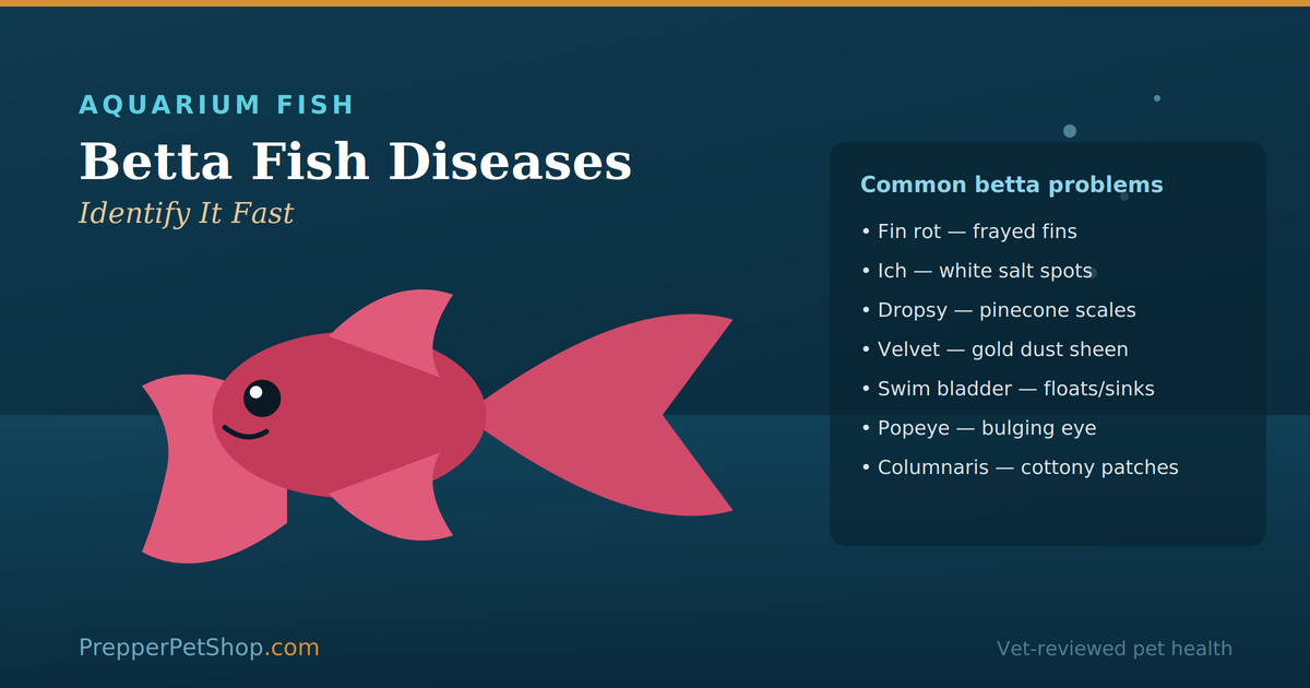 Betta fish diseases guide: a betta beside a list of common problems including fin rot, ich, dropsy, velvet, swim bladder and popeye