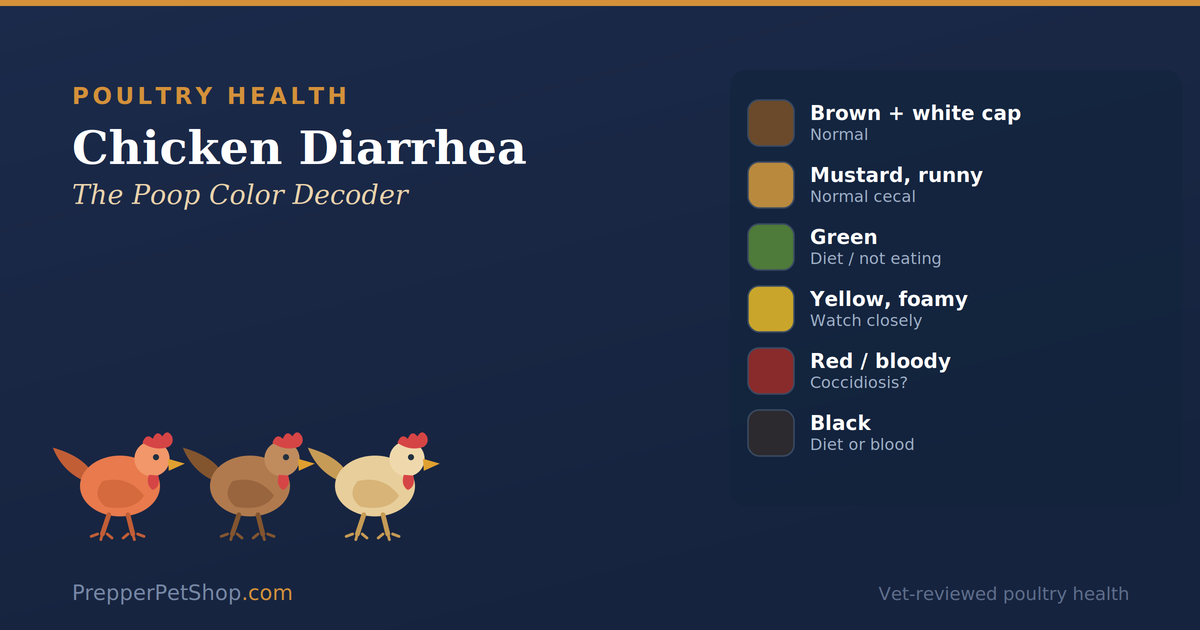 Chicken diarrhea guide: tell a normal cecal dropping from real diarrhea, read the poop color, watch for blood (coccidiosis), and hydrate, beside a hen