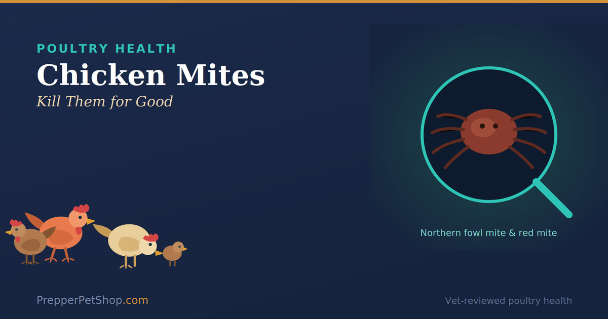 Chicken mites treatment steps: confirm it's mites, treat every bird with permethrin, treat the coop, and repeat in 7 days, beside a clean healthy hen