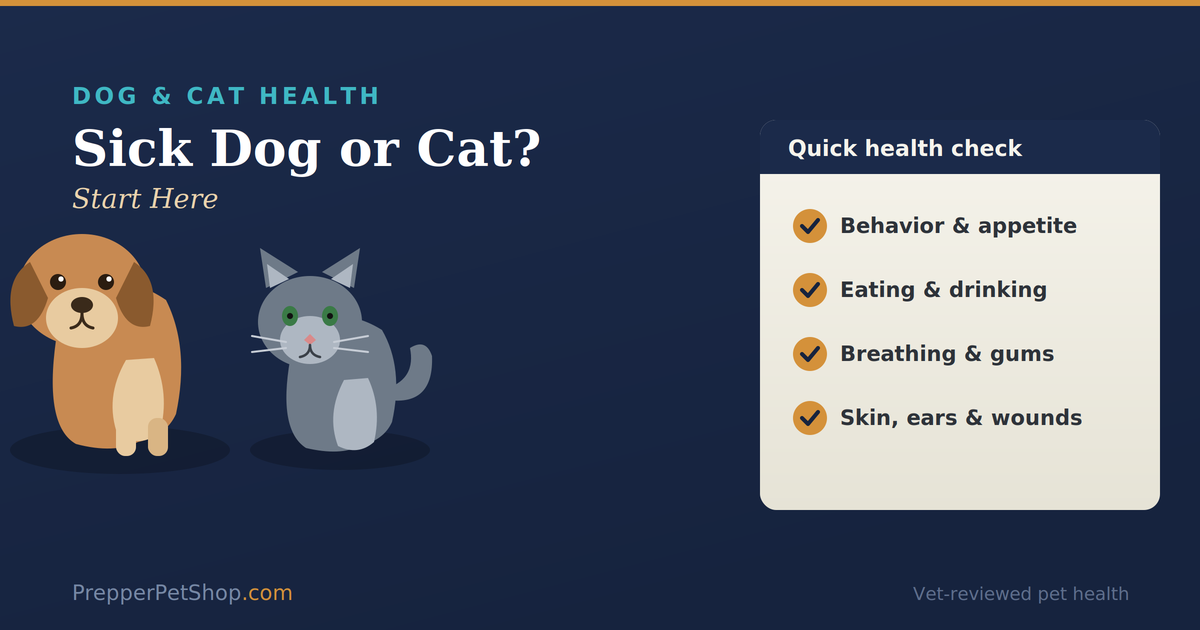 Dog and cat symptom checker: a dog and cat beside a quick health check covering behavior, appetite, breathing, gums, skin and wounds