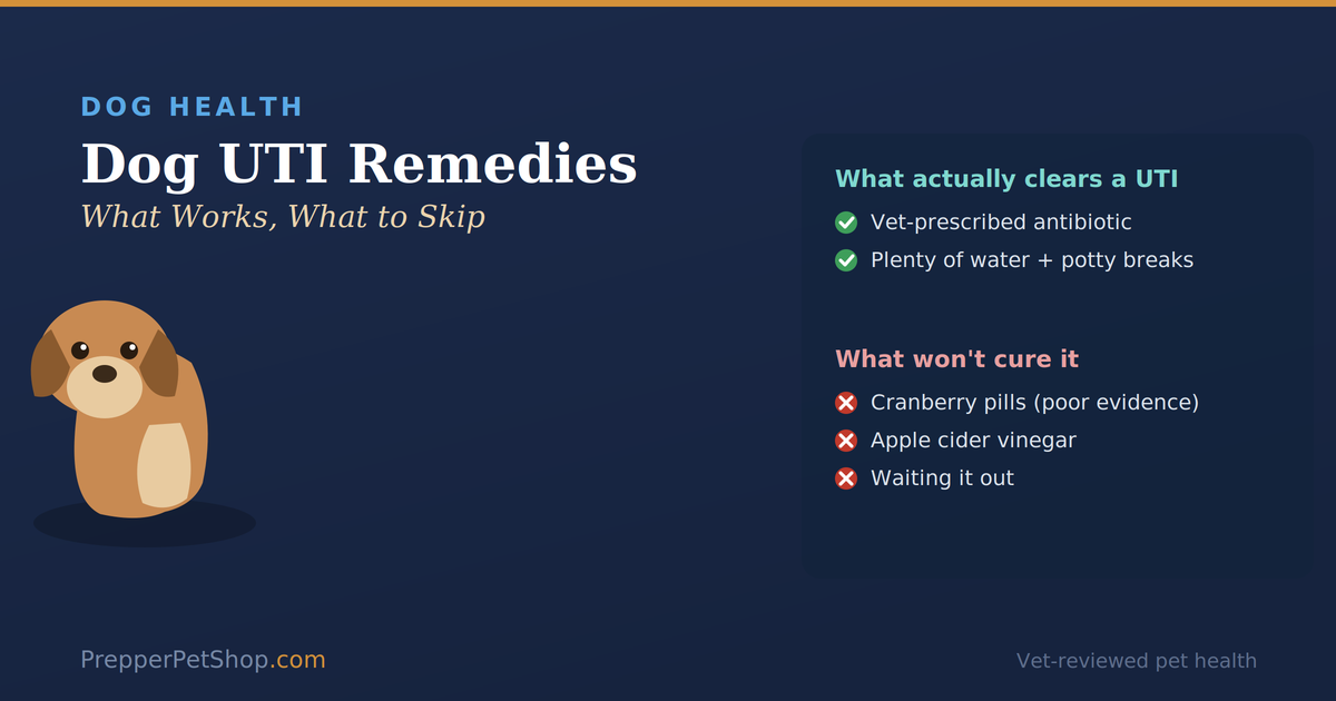 Dog UTI guide showing what clears a UTI (vet antibiotic, water) versus what won't (cranberry pills, apple cider vinegar, waiting it out)