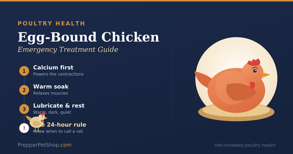 Egg bound chicken treatment timeline: calcium first, warm soak, lubricate and rest, and the 24-hour rule for a vet emergency, beside a calm resting hen