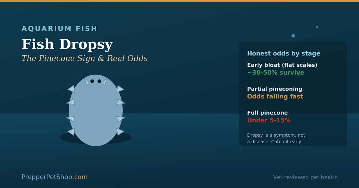 Fish dropsy guide: a fish seen from above with pineconed scales, and honest survival odds by stage