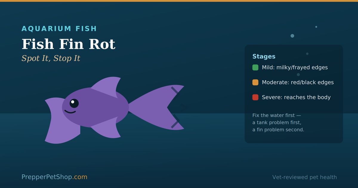 Fish fin rot guide: a betta with frayed fins and the stages from mild milky edges to severe rot reaching the body