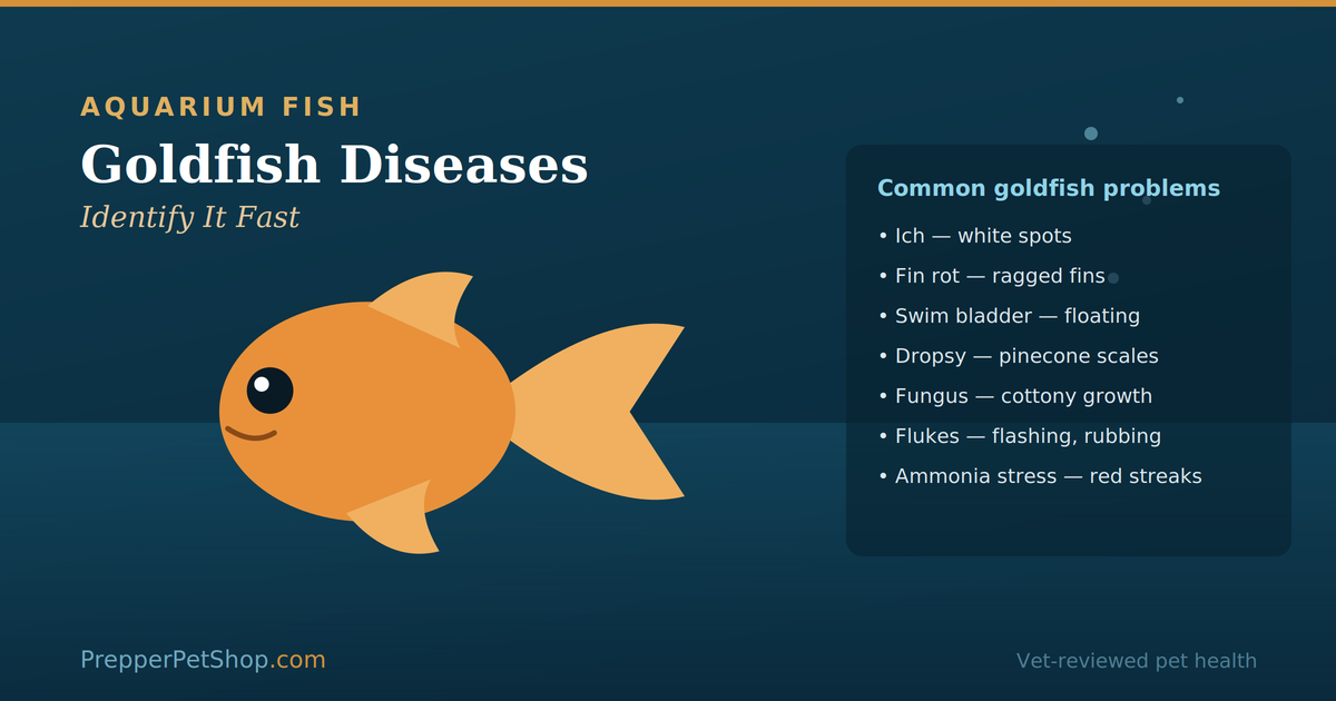 Goldfish diseases guide: a goldfish beside a list of common problems including ich, fin rot, swim bladder, dropsy, fungus and flukes