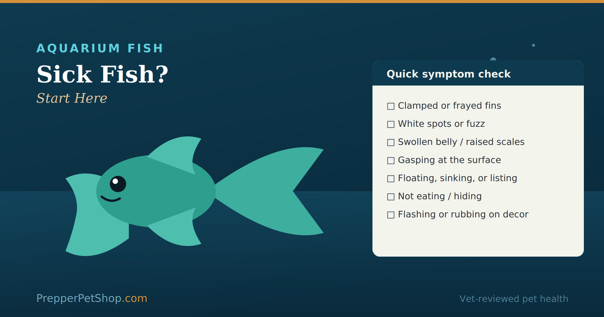 Sick fish symptom checker: a fish beside a checklist of signs like clamped fins, white spots, swollen belly, and gasping