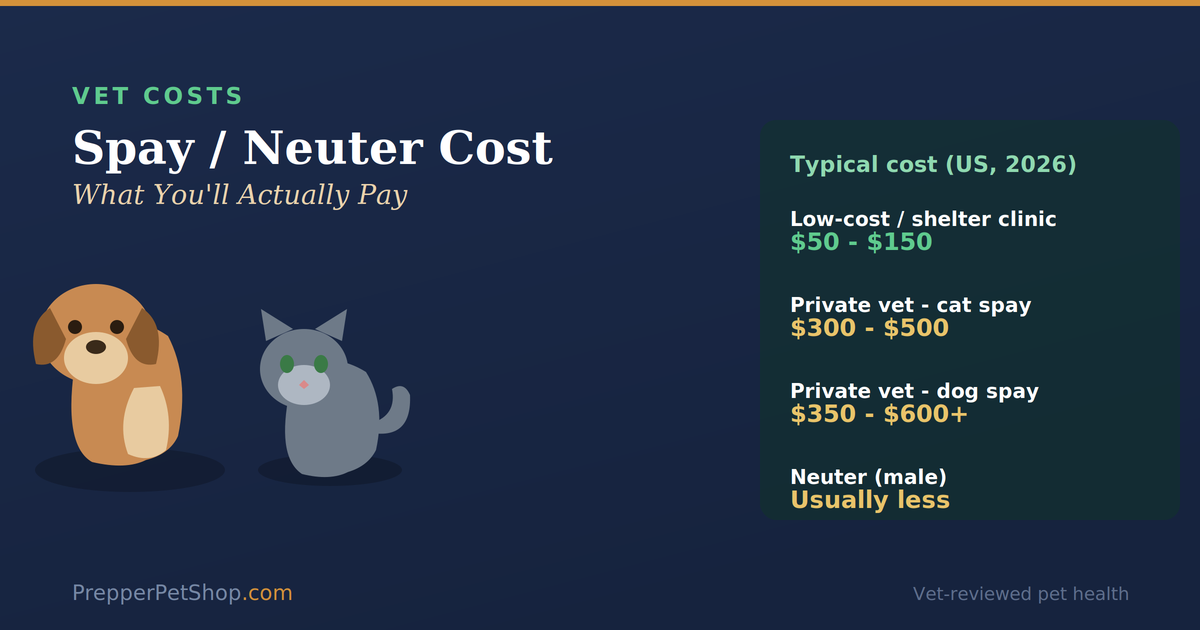 Spay and neuter cost guide: a dog and cat beside US 2026 price ranges from $50-150 at low-cost clinics to $350-600+ at private vets